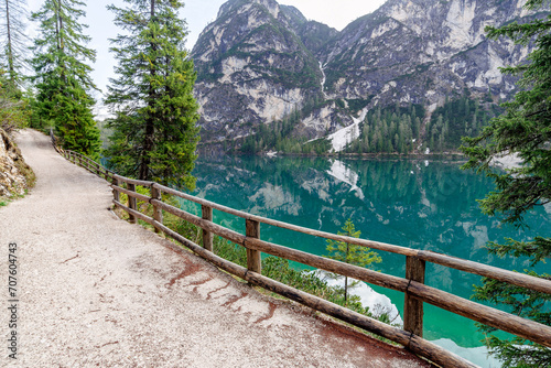 beautiful landscape of mountain lake Braies in the Dolomites, Italy. Hiking trail along the lake