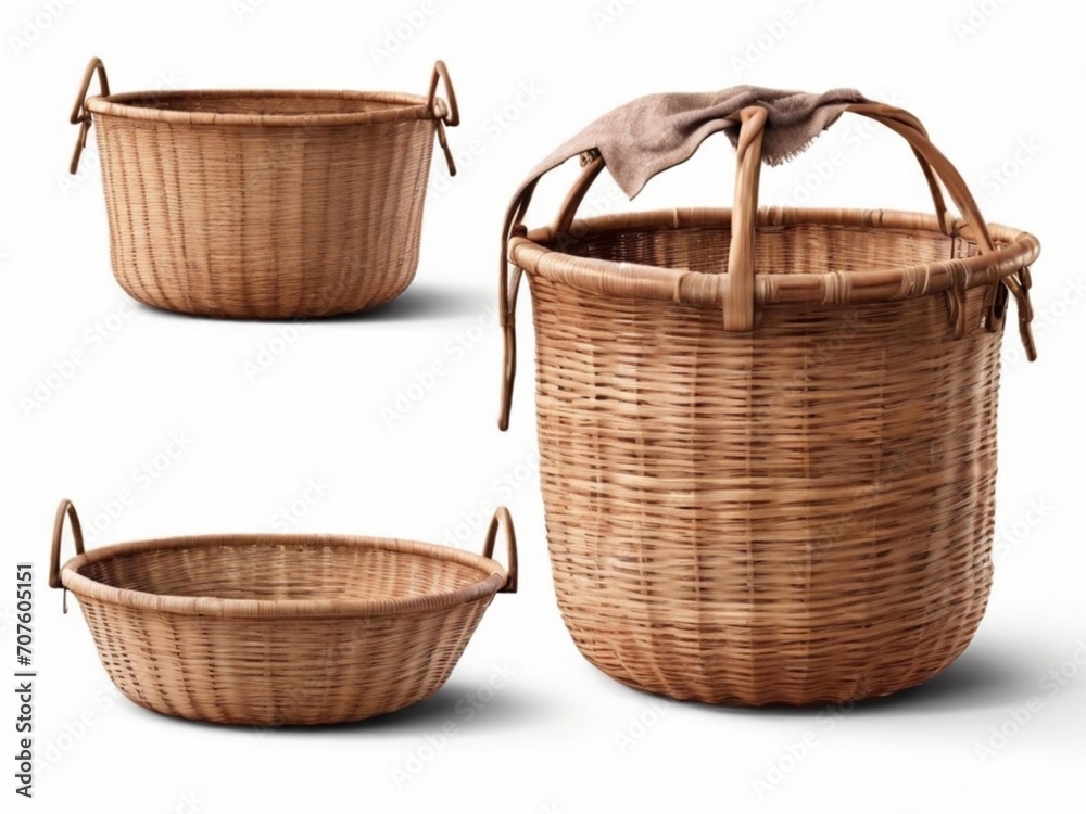 Obraz premium Realistic baskets in isolation on a white background. Side and top view. Wicker picnic baskets, Easter holiday, container clean. 