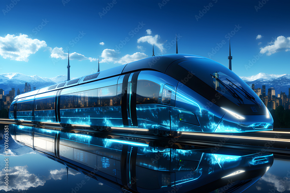 Holographic of digital electric train display blue background. Technology digital future of commercial transport concept with copy space. station with motion of business and sky train.	