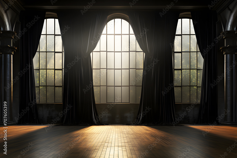 Backlit window with black curtains in empty room clean. Sunlight shines through inside there are shadows. Background Abstract Texture Window modern room decoration. 