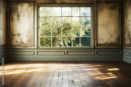 Minimal style interior old empty room and window modern brown. green trees outside are blurred. Brown wooden floor. Sunlight shines through window and inside shadows. Background Abstract Texture