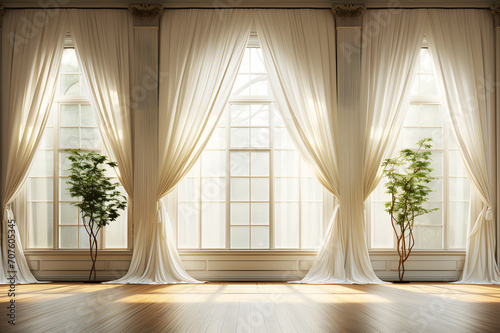 Backlit window with white, cream curtains in empty room clean. Sunlight shines morning through window there are shadows and potted plants inside. Modern room decoration. Background Abstract Texture