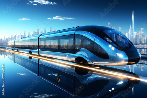 Holographic of digital electric train display blue background. Technology digital future of commercial transport concept with copy space. station with motion of business and sky train.