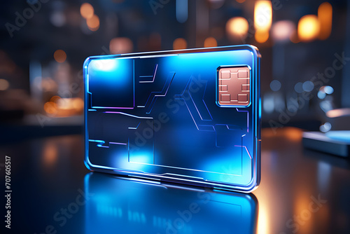 Holographic of digital dark blue credit card display blue background. Technology Online credit card payment for purchases from online stores and online shopping.  Realistic clipart template pattern. photo