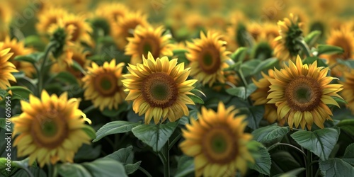 In a field full of sunflowers, a single sunflower takes center stage, its details sharply focused against the backdrop of the vibrant and sprawling sea of blooms.