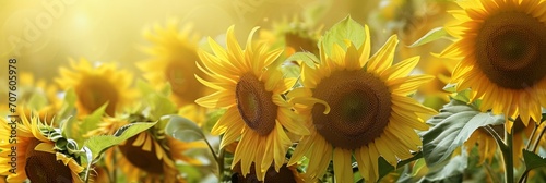 Sunflowers bask in the sunlight, their golden petals glowing and radiating warmth under the gentle touch of the sun.