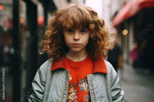 Portrait of a little girl with curly hair in the city.