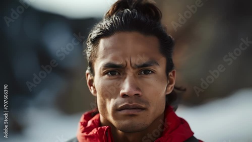 A Native American male athlete frozen midclimb his muscles tense and ready captured in a closeup still portrait with a blurry sport background. photo