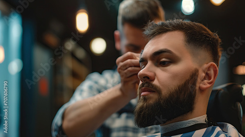 Precision Grooming at a Barber Shop: Skilled Barber Trimming Sideburns with Symmetry and Style