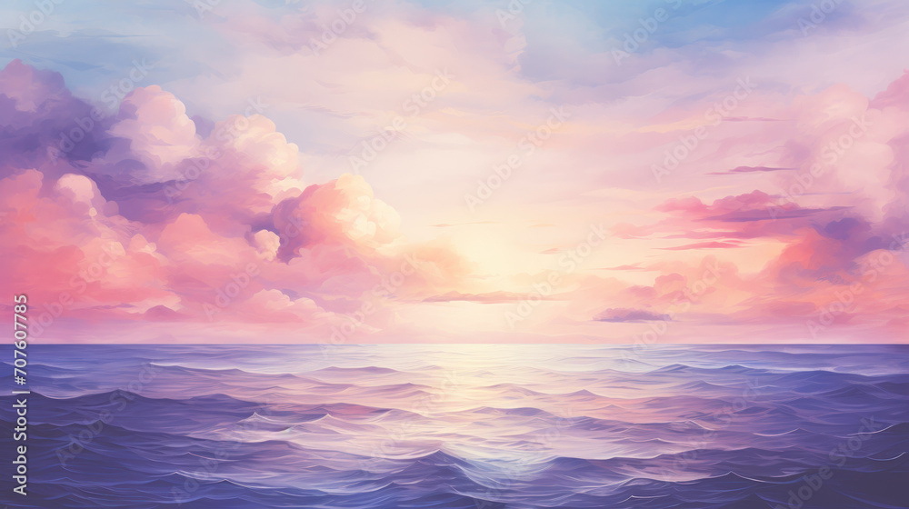 Fototapeta premium Drawing beach on sunset sky background. Summer vacation. Generative ai.