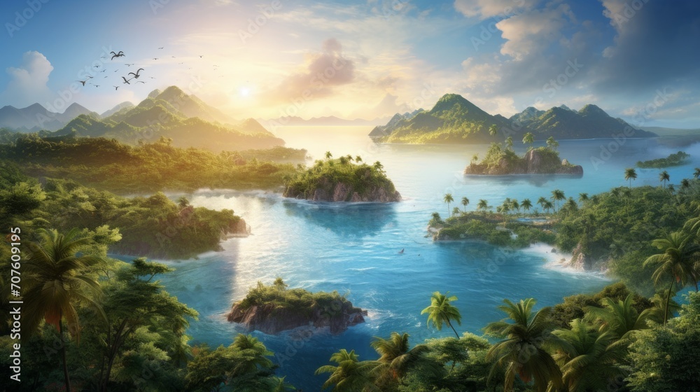 A bird's eye view capturing an exquisite archipelago of islands dotted with coconut groves, swaying palms, and sun-kissed beaches bathed in golden sunlight Generative AI