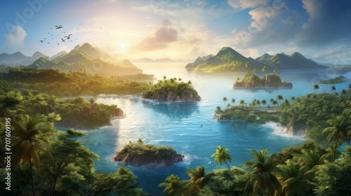 A bird s eye view capturing an exquisite archipelago of islands dotted with coconut groves  swaying palms  and sun-kissed beaches bathed in golden sunlight Generative AI