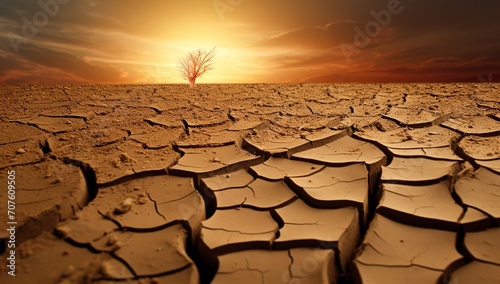 Sunset against a backdrop of a withered tree and cracked earth. The concept of climate change and drought. photo