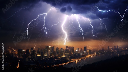 Lightning illuminates the night sky over an urban landscape during rain. The concept of an electrical storm.