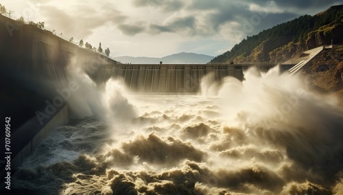 A dam releases vast amounts of water, impressive jets of water cascade down. The concept of power and control over natural resources.