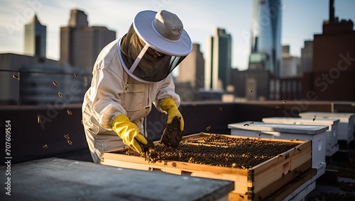 Beekeeper in protective suit working with beehives against the backdrop of an urban landscape. The concept of urban beekeeping.