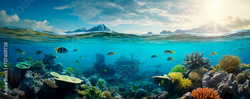 Panoramic view of an underwater world with a majestic mountainous landscape above it. Marine life swimming above a rich coral reef teeming with fish. Ecosystem. Travel. Diving, snorkeling. © stateronz