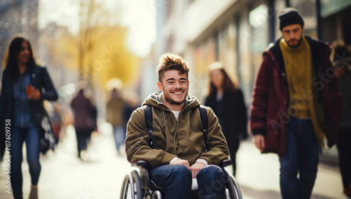 Young Caucasian man in a wheelchair smiles while outside on a busy street among pedestrians. The concept of social integration