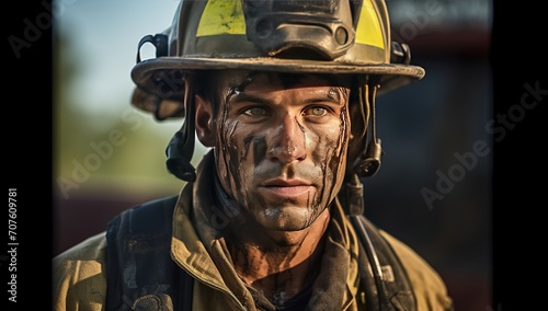 A firefighter with a sweat-drenched face in full gear looks ahead seriously. The concept of professionalism and resilience in emergency services.
