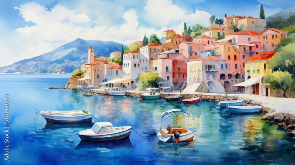 A beautiful Mediterranean coastal town with colorful houses. landscape watercolor Generative AI