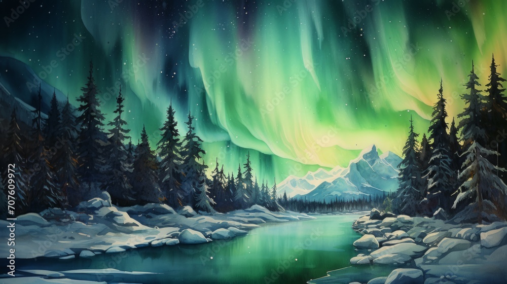 A breathtaking aurora borealis lighting up the night sky. landscape watercolor Generative AI