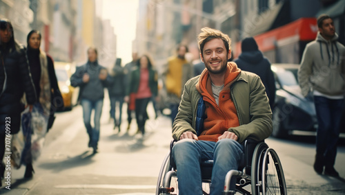 Young white man in a wheelchair against a backdrop of passing people in an urban environment. The concept of accessibility and inclusivity. photo