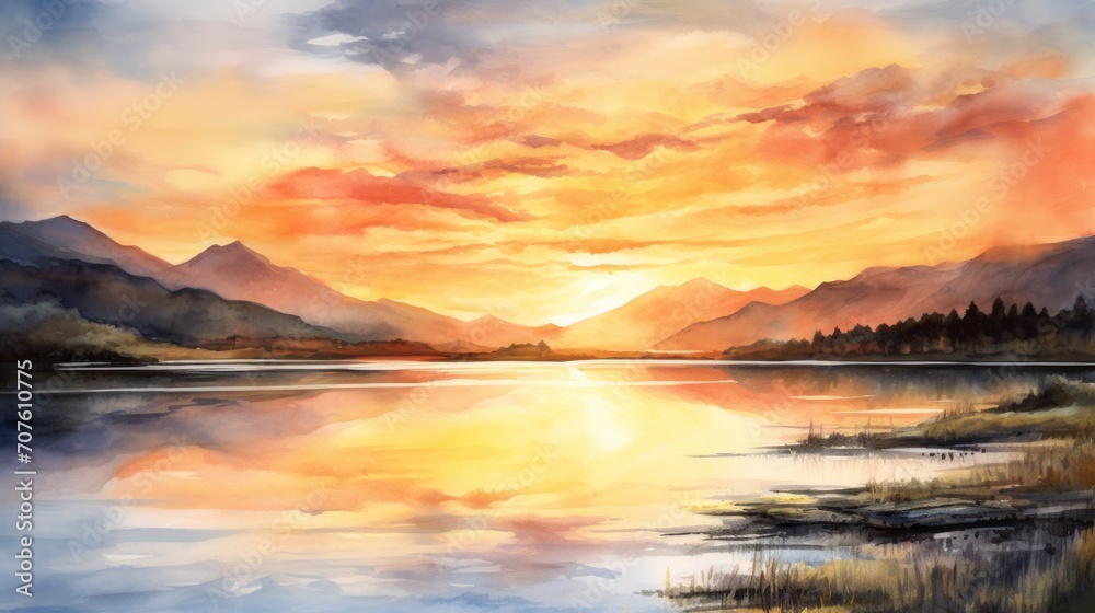 A breathtaking sunset over a calm lake with mountains in the background. landscape watercolor Generative AI