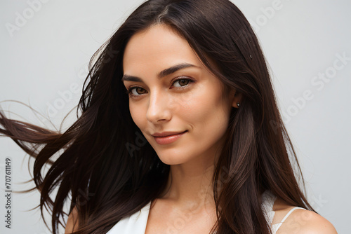 woman with hair flowing on white blurred background glamour stylish gorgeous portrait