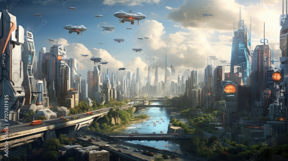 A cityscape featuring striking skyscrapers, advanced robotics, and flying vehicles, highlighting the integration of technology and urban lifestyle Generative AI