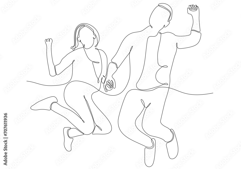 happy jumping couple continuous line drawing