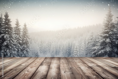 Winter Whispers: Empty Old Wooden Table with Blurred Wintry Backdrop, © Francesco