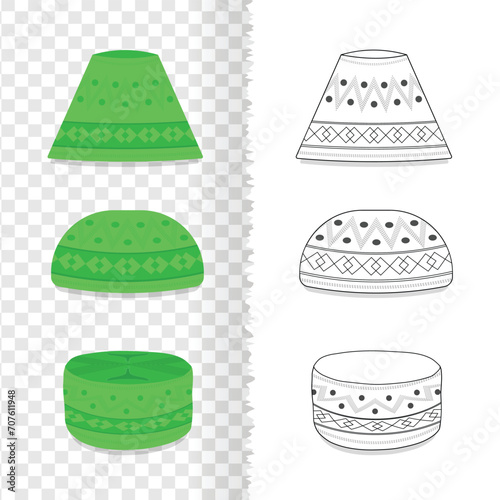 Flat green colour islamic men prayer cap with line art vector illustration