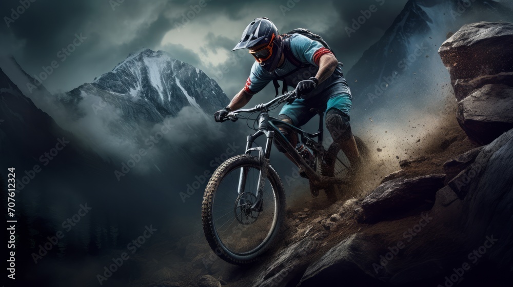 Naklejka premium A dynamic illustration capturing a mountain biker navigating a rugged trail, showcasing adrenaline-pumping action against a scenic mountain backdrop Generative AI
