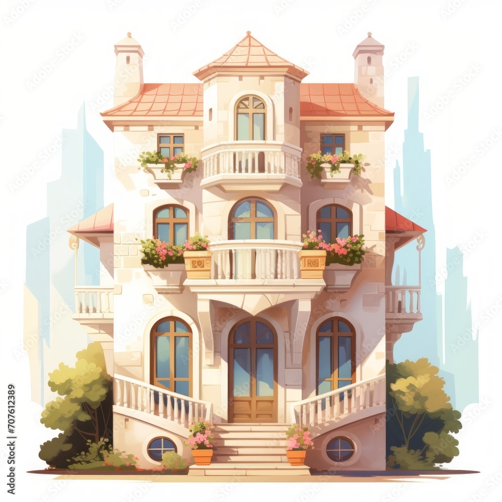 A fairytale abode with a tiny balcony and a white exterior glowing in soft sunlight. vector, flat, fairy tale, cartoon, cute, white background Generative AI