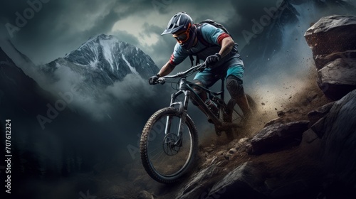 A dynamic illustration capturing a mountain biker navigating a rugged trail, showcasing adrenaline-pumping action against a scenic mountain backdrop Generative AI © vadosloginov
