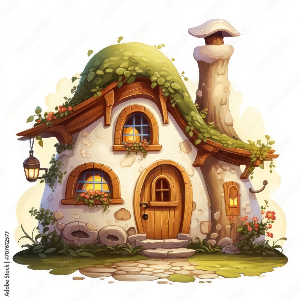 Fototapeta premium A magical tiny house with a cobblestone pathway and a cozy hearth inside Generative AI