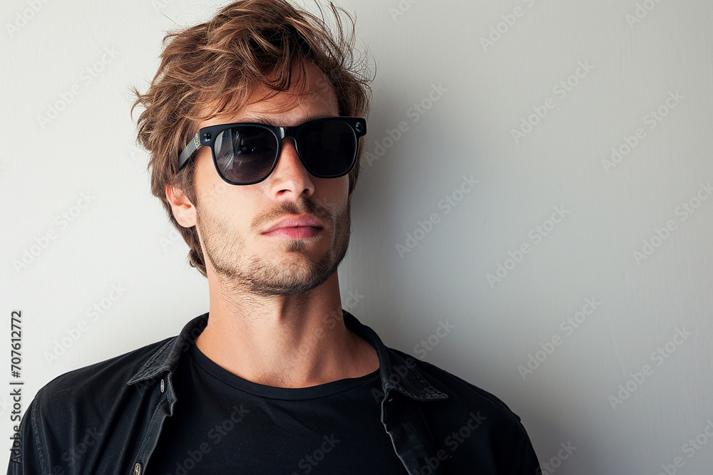 Studio portrait of handsome man in sunglasses standing on colour background