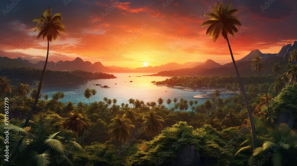 A panoramic aerial view displaying tropical islands enveloped in the warm colors of a vibrant sunset, with palm trees swaying gently against the backdrop of the evening sky. Generative AI