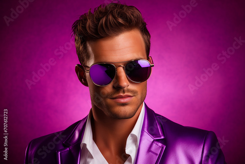 Studio portrait of handsome man in sunglasses standing on colour background