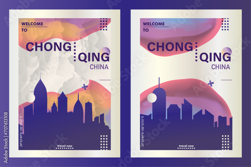 Chongqing city poster pack with abstract skyline, cityscape, landmark and attraction. China megapolis travel vector illustration layout set for vertical brochure, website, flyer, presentation