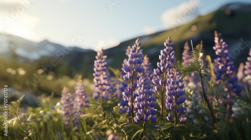 A scenic countryside vista showcasing wild lupines and other native spring wildflowers. Generative AI