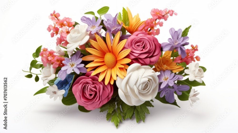 A stunning bouquet featuring a blend of brightly colored flowers, set against a simple white surface, allowing space for customized text or logos. Generative AI A stunning bouquet featuring a blend of brightly colored flowers, set against a simple white surface, allowing space for customized text or logos. Generative AI