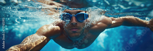 man in swimming goggles is underwater while swimming, generative AI photo