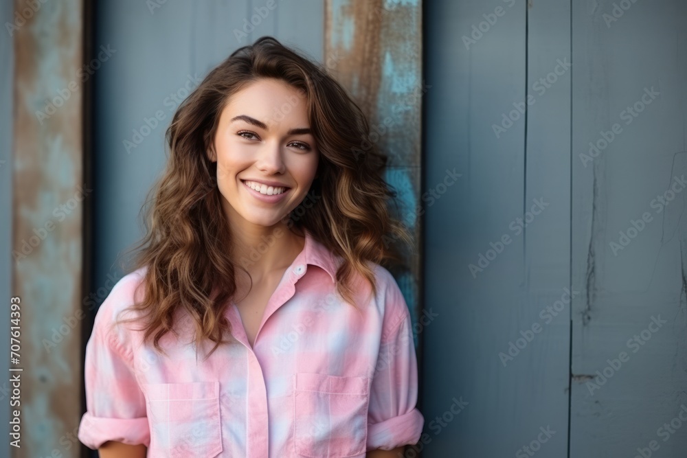 Portrait of a beautiful young woman smiling at the camera while leaning against a blue wall Portrait of a beautiful young woman smiling at the camera while leaning against a blue wall