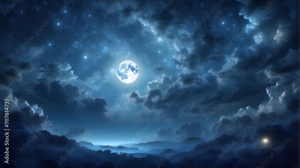 Lovely, magical blue night sky with stars, clouds, and a full moon