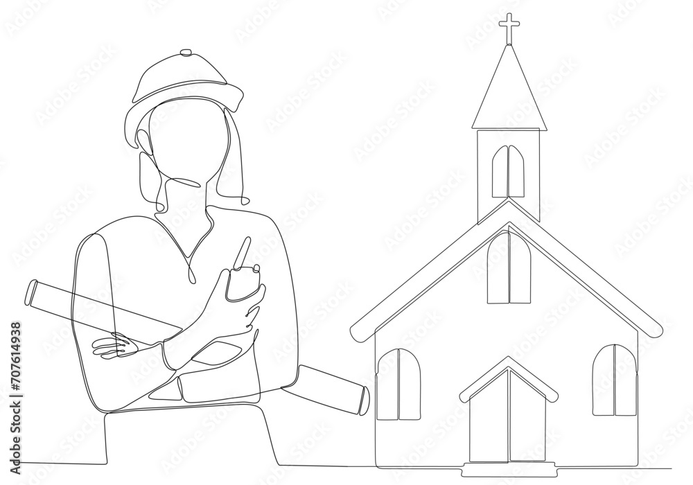 continuous line female architect building church vector illustration continuous line female architect building church vector illustration