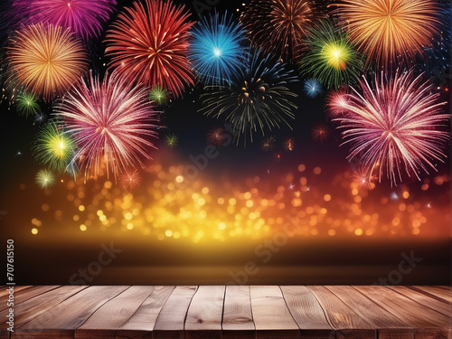 Colorful fireworks display over empty wood table