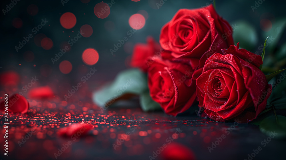 Romantic red close-up photo of roses with delicate bokeh on the background. Focused on the foreground. Valentine's Day Concept Romantic red close-up photo of roses with delicate bokeh on the background. Focused on the foreground. Valentine's Day Concept