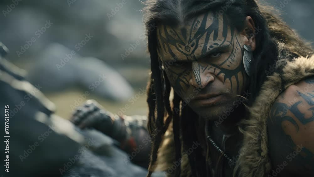 In a rugged mountainous terrain, a powerfully built figure with intricate face paint pauses to sharpen a stone blade against a rock, their focused expression hinting at their craftsmanship. In a rugged mountainous terrain, a powerfully built figure with intricate face paint pauses to sharpen a stone blade against a rock, their focused expression hinting at their craftsmanship.