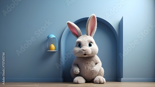 easter bunny with easter eggs,Peeping out of the blue wall is the Easter bunny. three-dimensional rendering. © Photographer